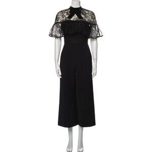 SELF-PORTRAIT Women's Black Crepe Ruffled Lace Panel Wide Leg Jumpsuit Size 8